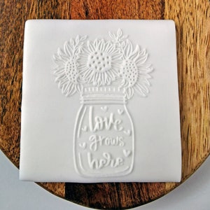 Floral Sunflower Embosser, Love Grows Here Fondant Cookie Embosser Stamp