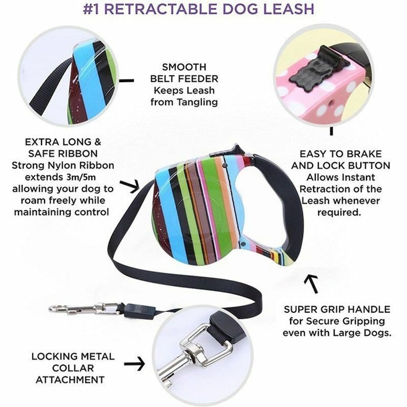 Stylish Cute Retractable Dog Walking Leash / 16ft Cord / Smooth, No-Slip Handle / Sturdy Nylon Cord image 2