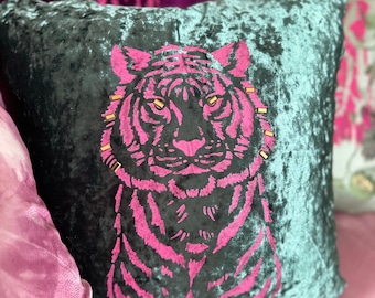 Crushed Velvet Decorative Tiger Pillow/Cover - Emerald, Throw Cushion, Maximalist Decor, Eclectic Decor, Boho Decor, Colorful Home