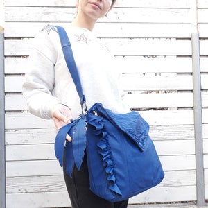Unique Piece Royal Blue recycled natural leather bag 3 buttons and ruffle