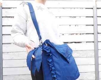 Unique Piece Royal Blue recycled natural leather bag 3 buttons and ruffle