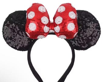 Mouse Ears Headband One Size | Kids and Adult Party Mouse Ears | Black Sequin Mouse Ears | Choose Bow Color