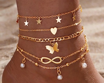 Set di cavigliere vintage a farfalla color oro per donna, multistrato, regolabile, Love Br