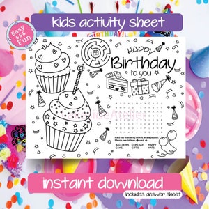 birthday coloring page l birthday activity l word search coloring maze  l birthday cupcakes l kids activities l digital printable games