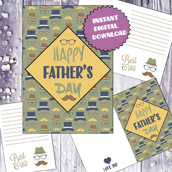 Printable Happy Father's Day Card - Digital Design for Instant Sending, hat, glasses and beard