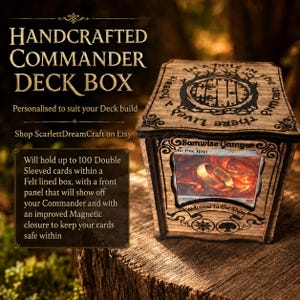 May include: A wooden deck box featuring laser-engraved text and circular door imagery on the lid. The front panel displays a card depicting a gold ring amidst flames, with the text Samwise Gamgee and Welcome to the Shire engraved below.