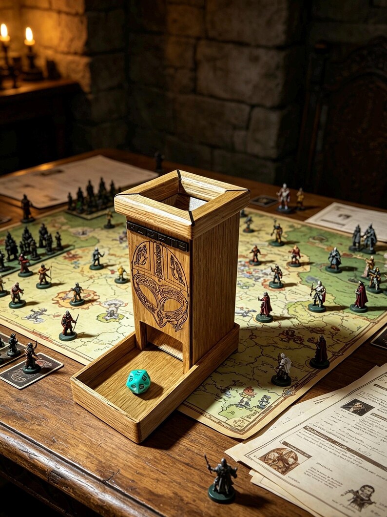 May include: A wooden dice tower with a square top opening and a front tray featuring a carved helmet design. A single turquoise twenty-sided die rests in the tray. The tower is positioned on a game board with various miniature figures and paper maps.