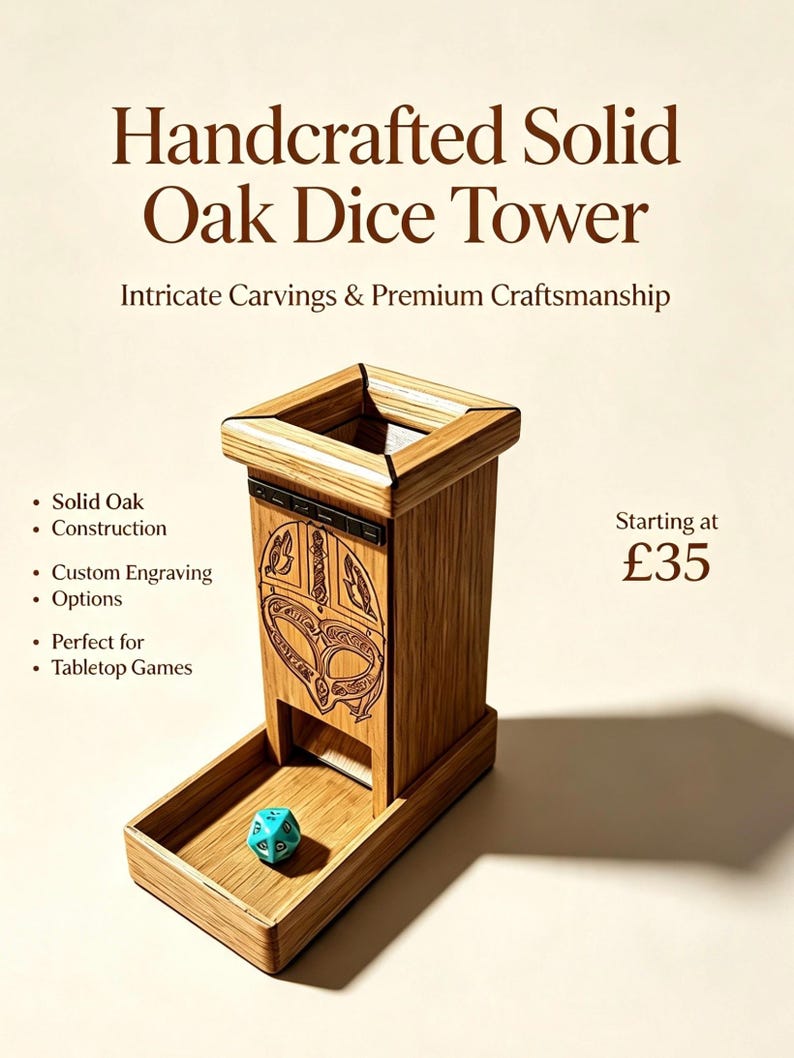 May include: A light brown wooden dice tower with a vertical rectangular structure and a front tray. The front panel features an intricate engraved design. A single turquoise twenty-sided die sits in the tray. Text on the image reads: Handcrafted Solid Oak Dice Tower, Intricate Carvings & Premium Craftsmanship, Solid Oak Construction, Custom Engraving Options, Perfect for Tabletop Games, Starting at &pound;35.