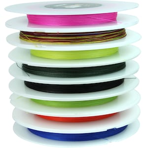 May include: A stack of spools of colorful thread, including pink, red, green, black, and blue. The spools are arranged in a tower, with the pink spool on top and the blue spool on the bottom.
