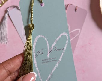 Handcrafted Christian Bookmark, His Peace, Bible Verse, Satin Tassel
