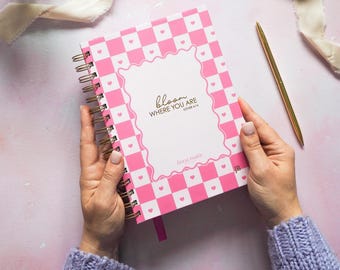 Personalised Faith Planner | Bloom Where You Are | Undated Week View | Hot Pink Chequered Hearts
