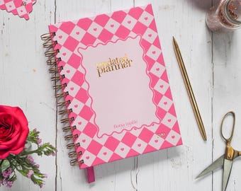 Personalised Weekly Planner | Undated Week to View | Stationery Gift | Hot Pink Harlequin