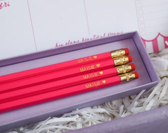 Conjunto de lápis personalizado rosa morango | Nome em folha de ouro