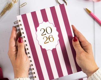 2026 Personalised Christian Faith Planner | Weekly View | Burgundy & Pink Candy Stripe