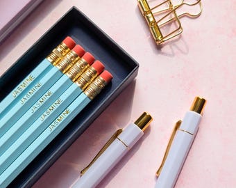 Lápis personalizados azul-celeste | Nome em folha de ouro, presente para professor