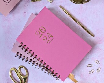 2024 Personalised Diary with Hot Pink Cover | Week View, A5 Hardcover, Ring Bound Planner, Gold Foil Type Lettering