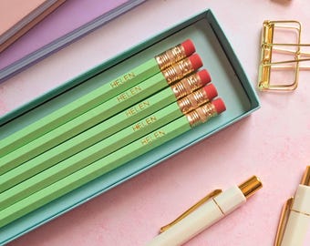 Lápis personalizados verde menta | Nome em folha de ouro, presente para professor