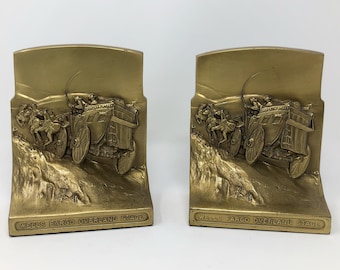 Vintage Brass Wells Fargo Bookends, Philadelphia Manufacturing Company Bookends, Overland Stagecoach Western Office