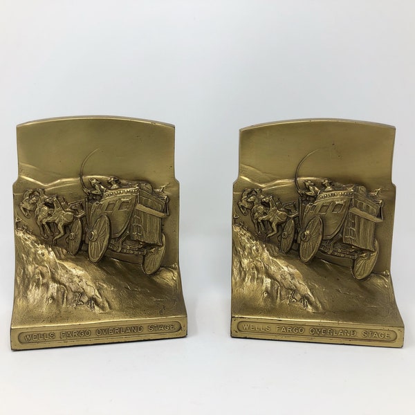 Vintage Brass Wells Fargo Bookends, Philadelphia Manufacturing Company Bookends, Overland Stagecoach Western Office