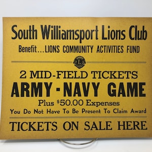 Vintage Army Navy Game Sign, Williamsport, Football Ticket Sign, Cardstock Football Sign, College Football Decor, Military Decor