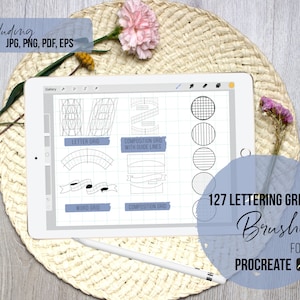 May include: A digital tablet displaying a set of 127 lettering grid brushes for Procreate. The brushes are organised into categories such as letter grid, composition grid, and word grid. The text "127 LETTERING GRID Brushes FOR PROCREATE" is visible on the screen.