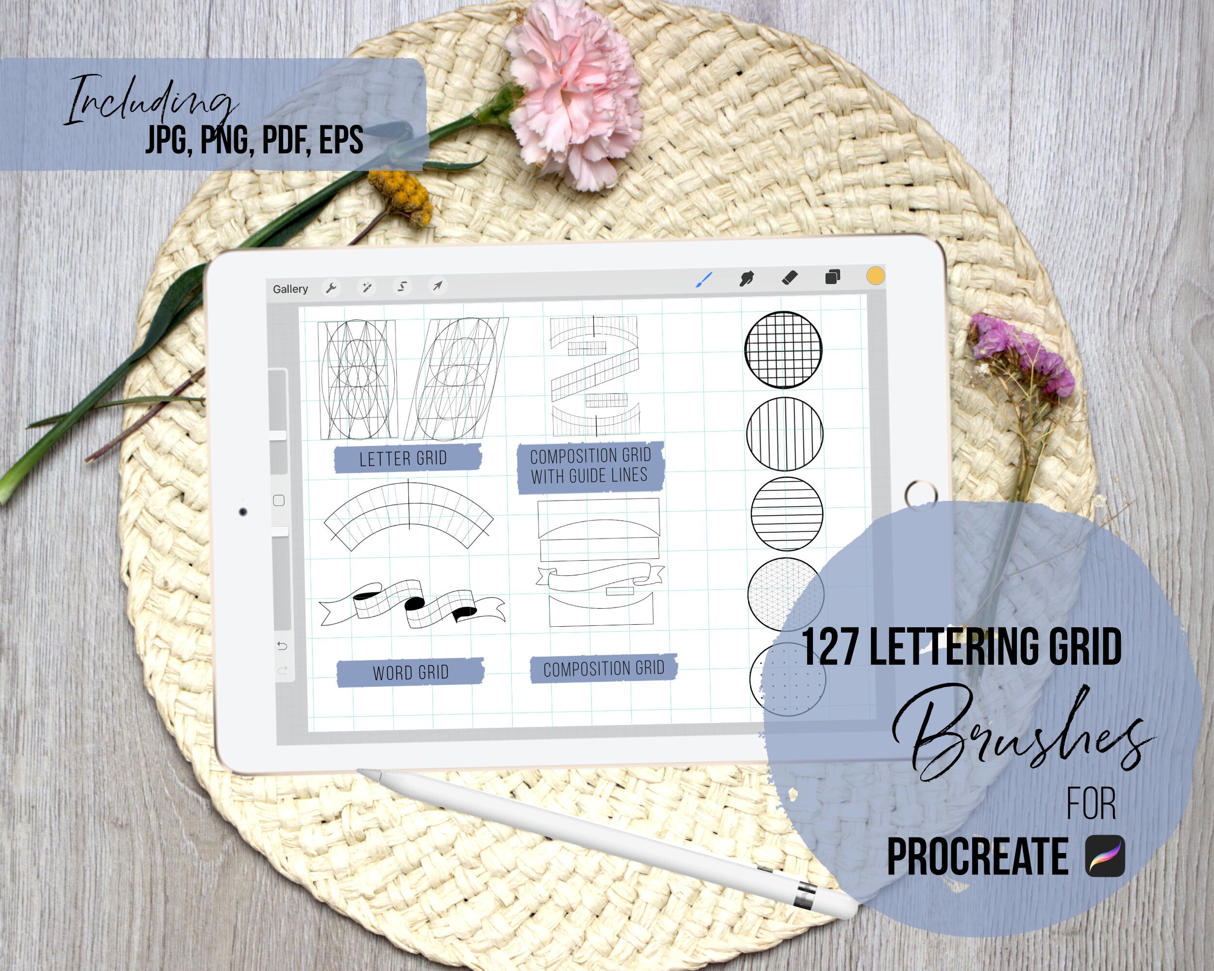 127 guías y rejillas de lettering para Procreate – Sellos de pincel digitales, plantillas de composición, kit de rotulación