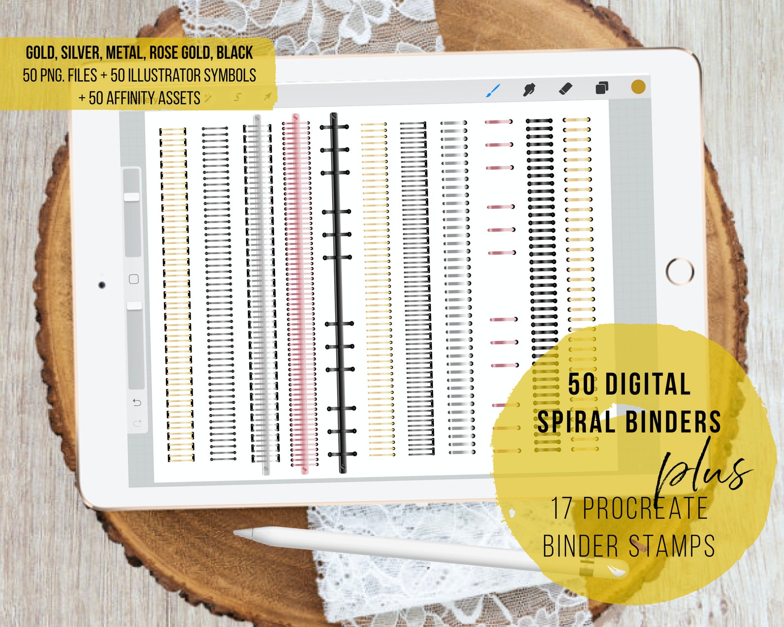 50 Digital Spiral Binder Rings, Digital Binder Rings, Procreate Brushes