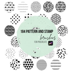 May include: A set of 184 black and white pattern and stamp brushes for Procreate. The brushes are displayed in a circle with a green watercolour background. The text "184 Pattern and Stamp Brushes for Procreate" is written in black.
