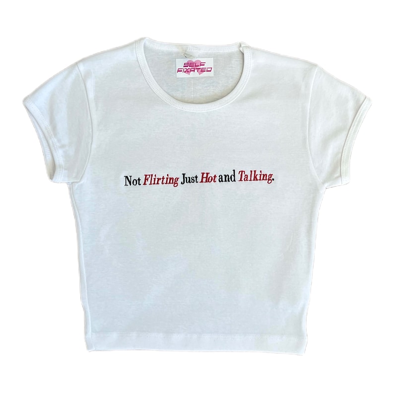 Not flirting just hot & talking crop top l Y2k Trendy sayings Baby Tee l Self Fixated embroidery top image 2