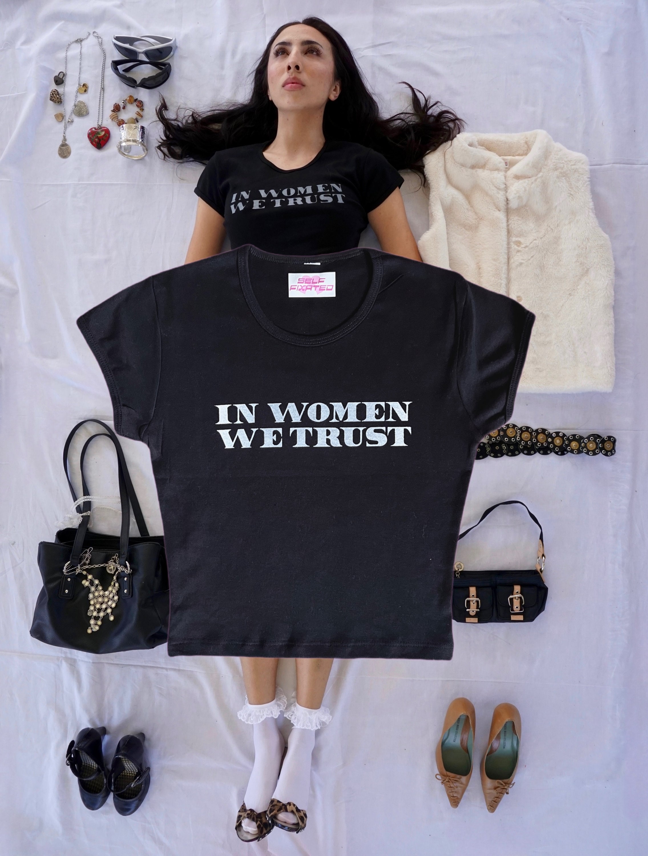 In women we trust crop top l y2k aesthetic trendy top in black