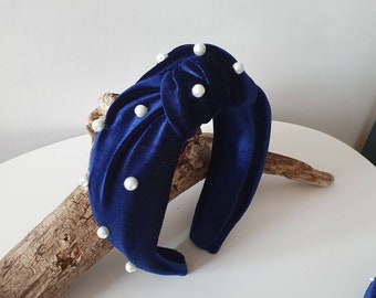 Navy color top knotted velvet headband with pearls. Headband Turban. Women headband. Hair accessories Top knotted. Velvet headband. Pearls