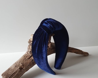 Diadema de terciopelo anudada superior de la marina. Turbante de diadema. Diadema de mujeres. Accesorios para el cabello Top anudado. Banda de pelo de terciopelo. Diadema de terciopelo marino