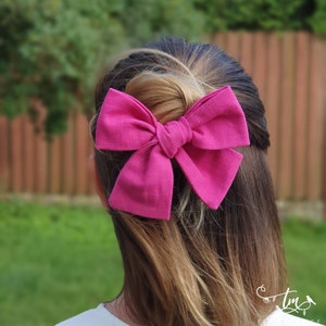 Neon pink linen bow hand tied - 29 colours, 3 sizes, hand tied bow, hair accesories, pink hair bow, neon hair accessories, Ready to ship