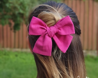 Neon pink linen bow hand tied - 29 colours, 3 sizes, hand tied bow, hair accesories, pink hair bow, neon hair accessories, Ready to ship