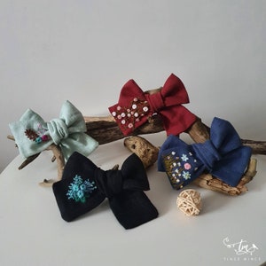 Hand embroidered linen bow hand tied with flowers, hand tied, embroidered flowers, hair accesories,   gift, gift ideas, girls accessories