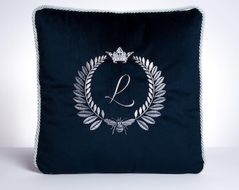 Handmade Blue Velvet Embroidered Pillowcase - Personalized Monogram