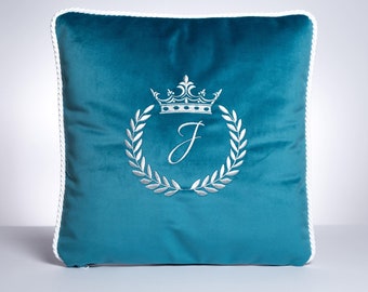 Turquoise Velvet Pillow Cover – Embroidered Monogram, Personalized Pillowcase
