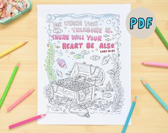 Página para colorear del tesoro del océano / Página para colorear bajo el mar / Biblia cristiana para la escuela dominical en casa / Descarga instantánea de enseñanza de versículos
