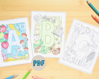 ABC Flashcards 5x7 Coloring - Printable ABC Kids Coloring, Homeschool Preschool First ABC Kindergarten Alphabet Detail Teaching Coloring