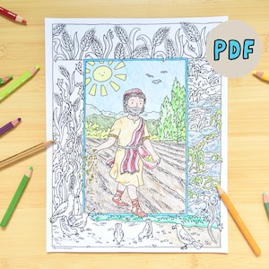May include: A coloring page with a biblical scene, featuring a man sowing seeds in a field, surrounded by wheat and birds. The image is partially colored with a blue border and the word "PDF" in a circle. Colored pencils are scattered around.