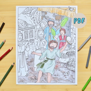 Puede incluir: Una página para colorear que representa una escena bíblica con figuras, cestas y edificios. La imagen está rodeada de lápices de colores de varios colores. Un icono PDF es visible.