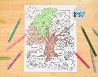 FOUR SEASONS Tree Coloring Page - Printable Page -Seasonal Art Coloring PDF - Kids Activity Preschool - Teaching Coloring Page