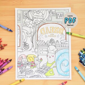 May include: A black and white coloring page featuring two snails in a bakery. One snail is wearing a chef's hat and holding a tray of pastries. The other snail is standing next to a shelf of bread. The bakery has a sign that says "BREAD".