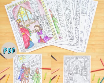 Set of 7 ESTHER Bible Teaching Coloring Pages - Kids Color Activity -Homeschool Printable PDF, VBS Bible School Bible Material Coloring Page