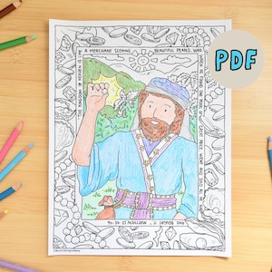 May include: A coloring page with a biblical scene, featuring a man in blue robes and a beard, with text that reads "A merchant seeking beautiful pearls." Colored pencils in various colors surround the page.