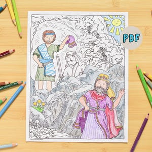 May include: A black and white line drawing of a biblical scene with figures in robes and crowns, with a sun and the word "PDF". Colored pencils in various colors surround the drawing on a wooden surface.