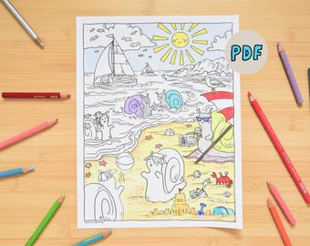 Snail Summer Day Beach | Coloring Page | Cute Snail Activity Coloring Sheet for Kids | Printable Happy Snails | Classroom Instant Download