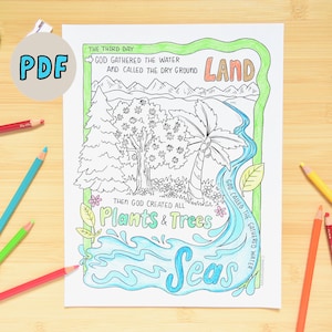 Puede incluir: Una página para colorear en blanco y negro con un borde verde. La página representa un paisaje con montañas, árboles, un río y las palabras "El tercer día", "Dios reunió las aguas y llamó a la tierra seca", "Tierra", "Dios llamó a las aguas reunidas", "Entonces Dios creó todas las plantas y los árboles", y "Mares".