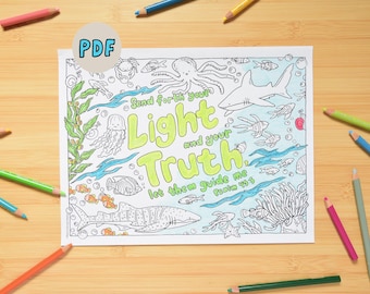 Página para colorear de Jesús me guía / Hoja para colorear de versículos bíblicos de Luz y Verdad / Actividad con temática de Escuela Bíblica de Verano del Océano / PDF imprimible de enseñanza Montessori