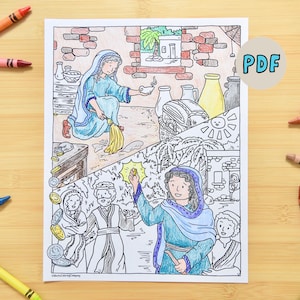 May include: A PDF coloring page featuring a biblical scene with figures in robes, set in an ancient environment. The image is surrounded by colorful crayons in various shades, including orange, pink, and blue, on a wooden surface.